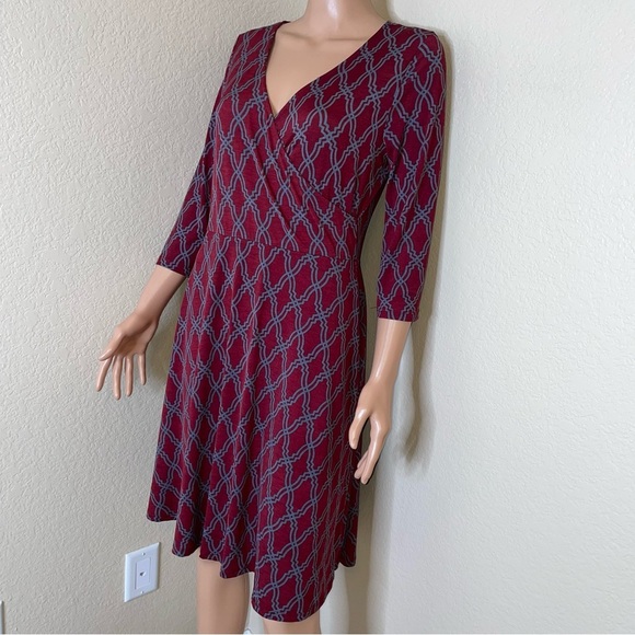 Stitch Fix 41 Hawthorne Geometric Wrap Dress Burgundy Gray fit flare 3/4 sleeve - Picture 6 of 12